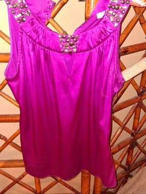 Cache HOT Pink Silk Women’s Top With Silver Rhinestones.
